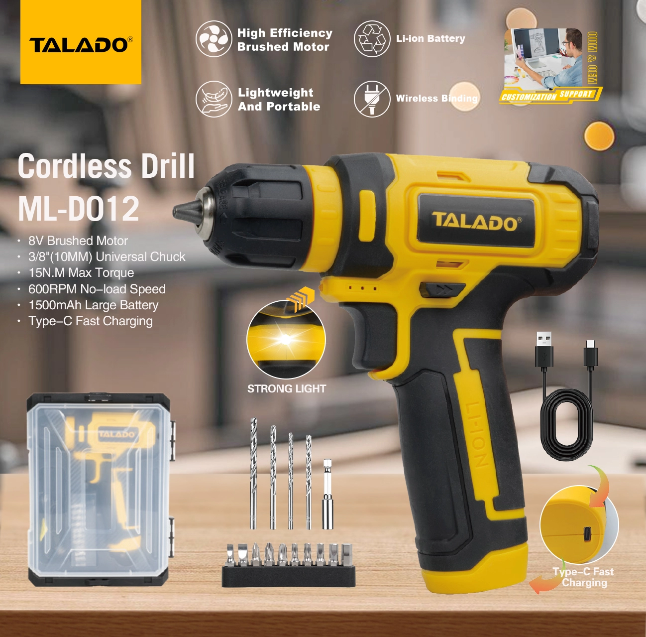 8V Mini Cordless Drill Type C Fast Charge Үй Power Drill