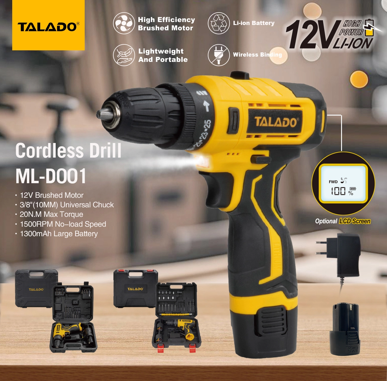 12V кош ылдамдыктагы жогорку моменттүү зымсыз бургуч, тиричиликти өз алдынча оңдоо иштери үчүн кошумча санарип экраны бар