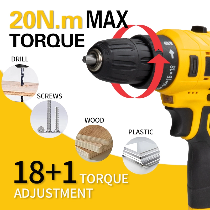 12V кош ылдамдыктагы жогорку моменттүү зымсыз бургуч, тиричиликти өз алдынча оңдоо иштери үчүн кошумча санарип экраны бар