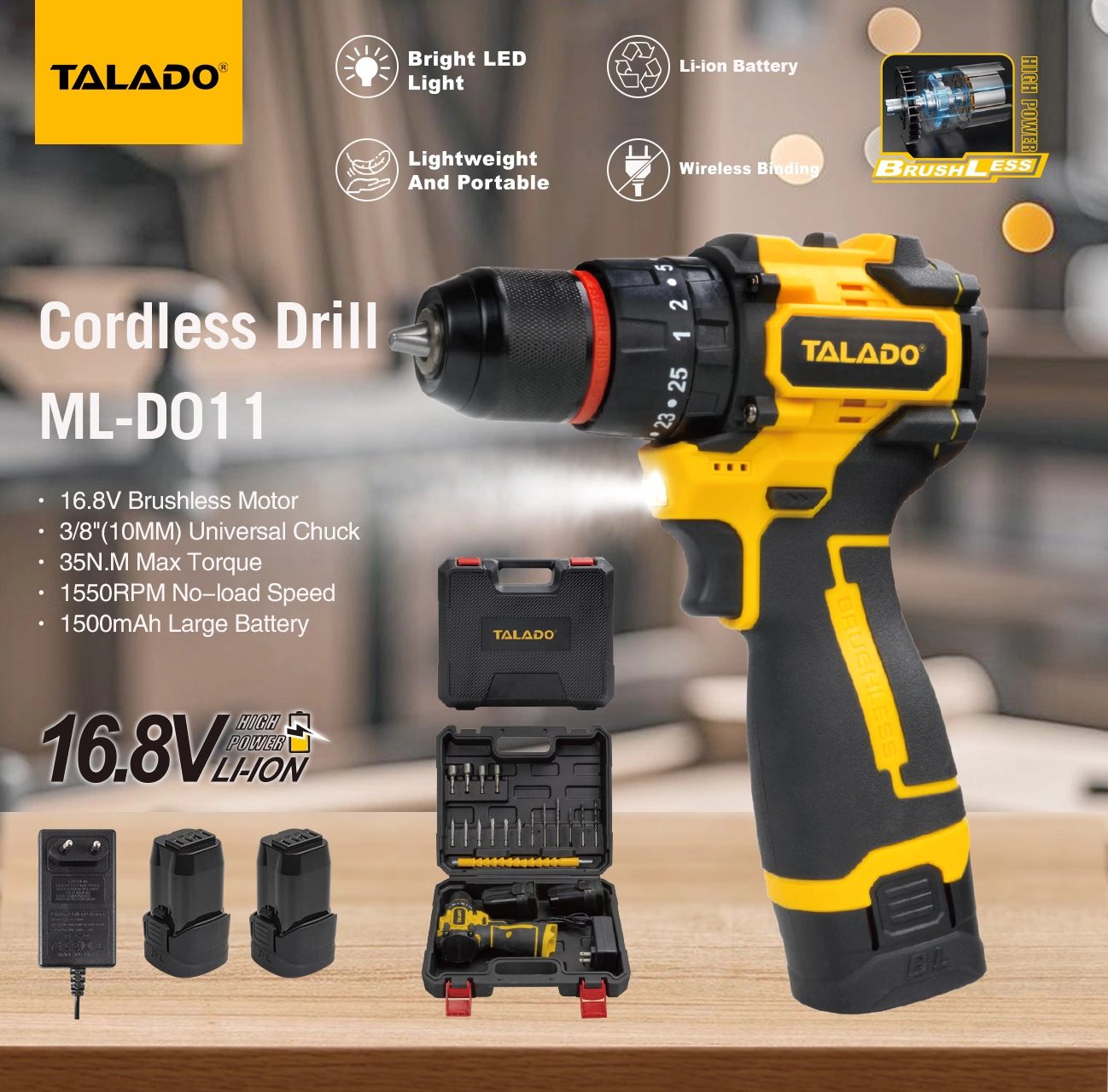16.8V Brushless Cordless Drill 35N.M жогорку моменттүү колдук бургулоочу үйдү өз алдынча оңдоо үчүн
