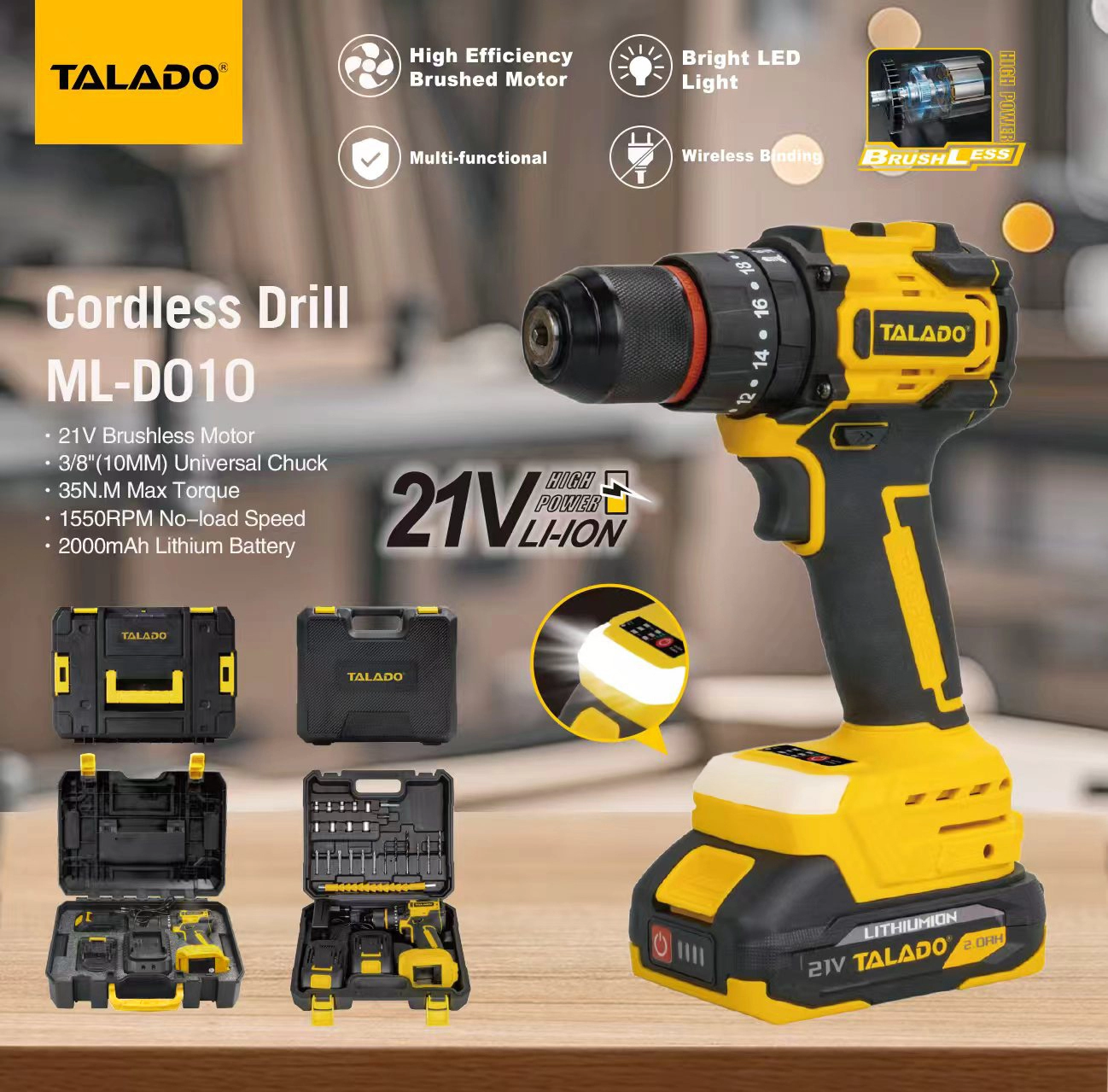 21V Brushless Cordless Drill Driver 35N.M Жогорку Torque Күнүмдүк оңдоо &amp; Ремонттоо үчүн Батарея кубаттуу бургулоо